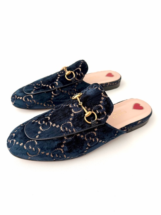 Gucci Shoes - GUCCI | Princetown GG Velvet Horsebit Mules Flats Slippers Navy Blue Gold EU 39